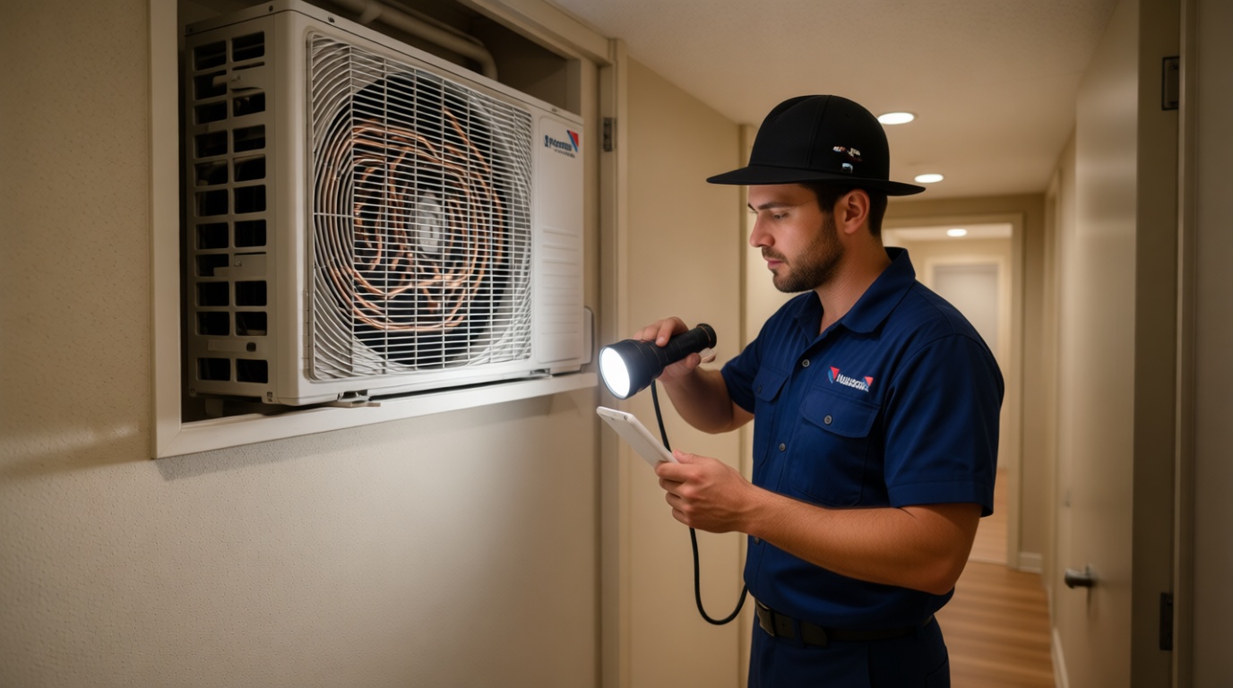 A Hudson HVAC technician inspecting a condo fan coil unit with a flashlight in a Toronto high-rise