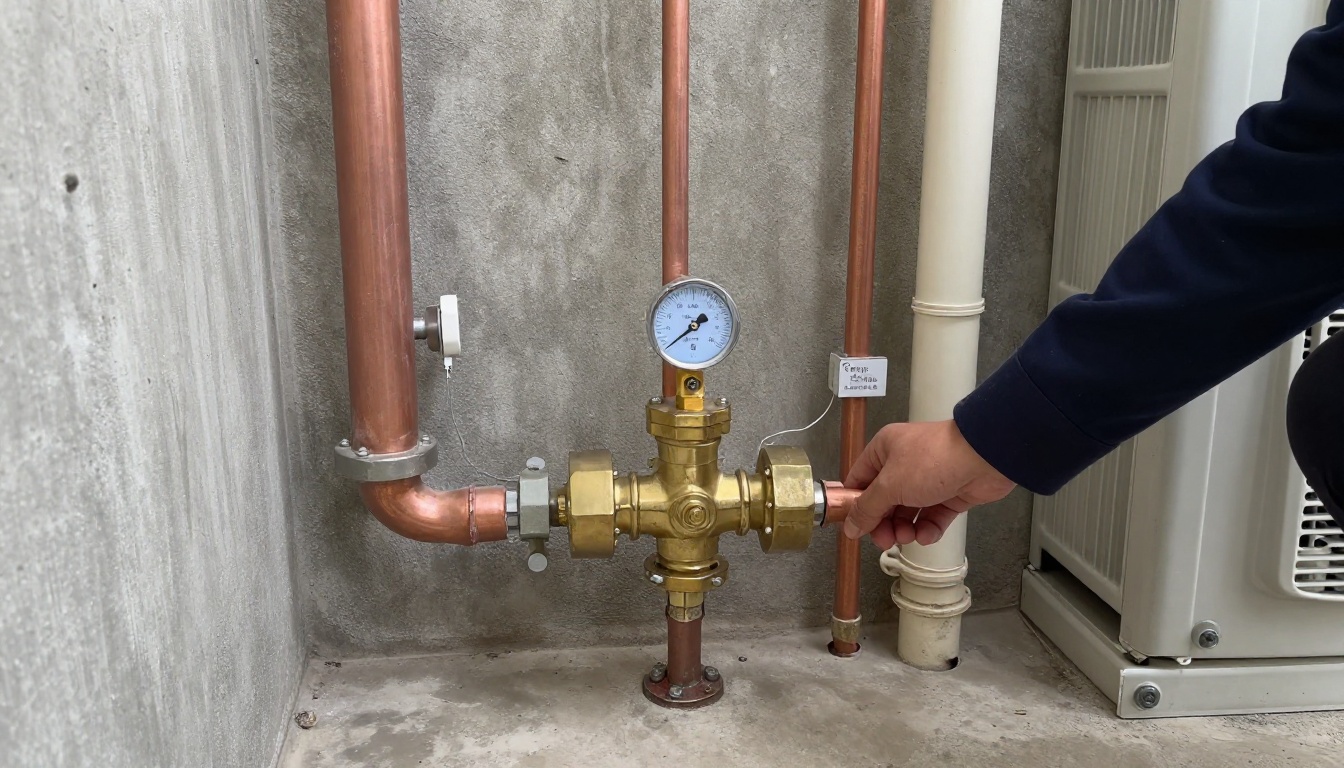 Brass pressure reducing valve and adjacent copper mains in a condominium mechanical room with labelled shutoff valves, insulated risers, and clean dry floor conditions