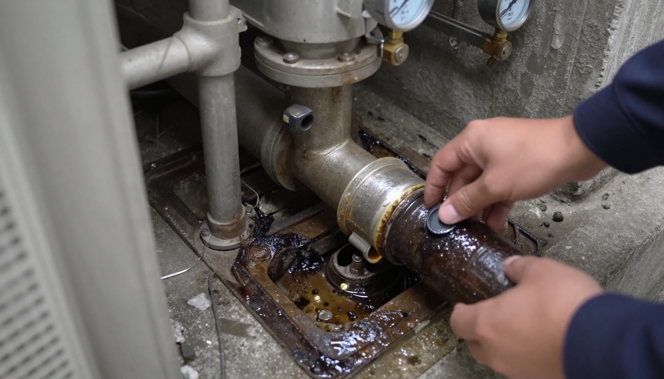 Close-up of the interior of a corroded cast iron kitchen drain section during CCTV inspection, showing grease build-up and reduced flow area, with camera head and wet pipe surface in view Close-up of the interior of a corroded cast iron kitchen drain section during CCTV inspection, showing grease build-up and reduced flow area, with camera head and wet pipe surface in view