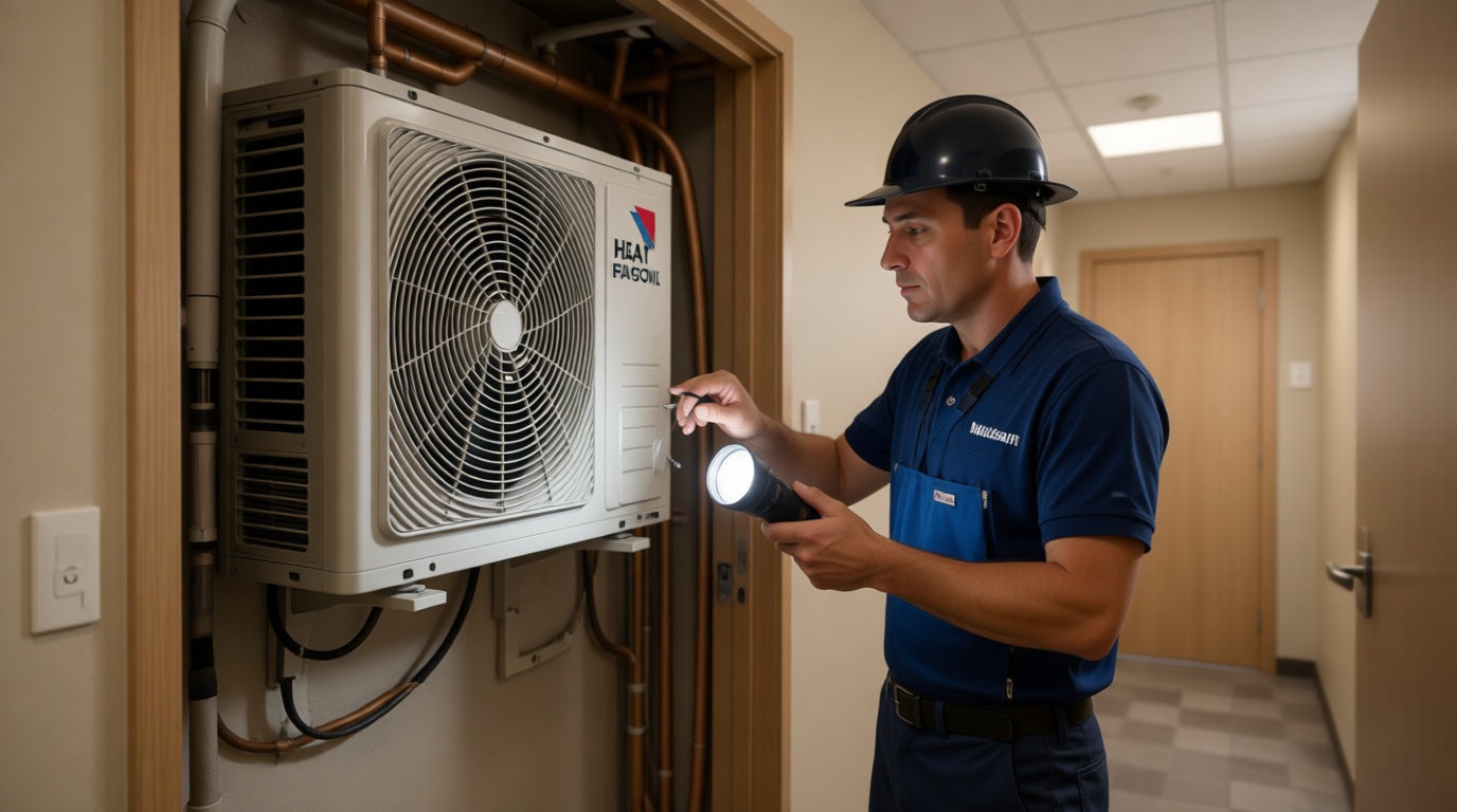 A Hudson HVAC technician inspecting a condo fan coil unit with a flashlight in a Toronto high-rise A Hudson HVAC technician inspecting a condo fan coil unit with a flashlight in a Toronto high-rise