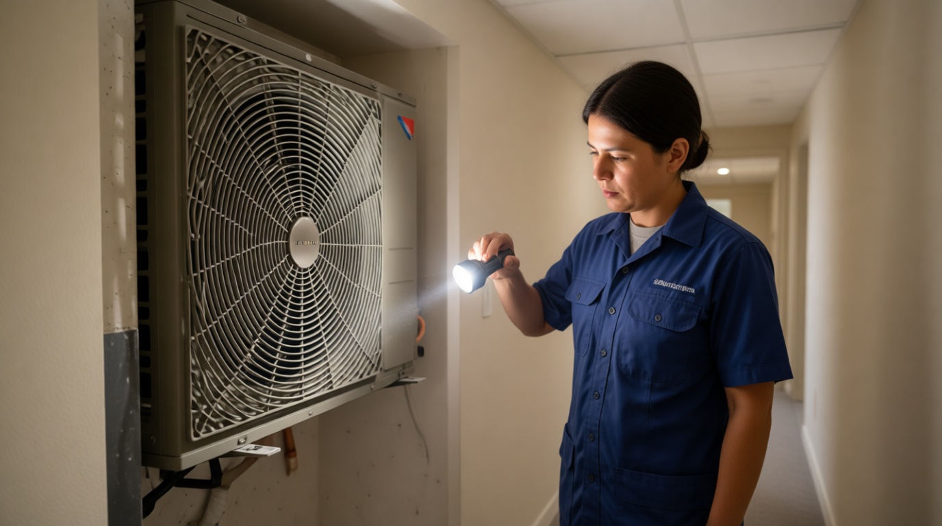 A Hudson HVAC technician inspecting a condo fan coil unit with a flashlight in a Toronto high-rise
