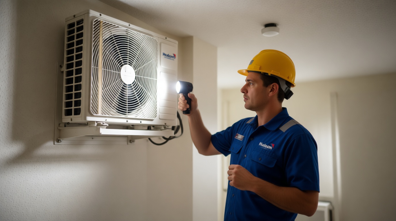 A Hudson HVAC technician inspecting a condo fan coil unit with a flashlight in a Toronto high-rise A Hudson HVAC technician inspecting a condo fan coil unit with a flashlight in a Toronto high-rise
