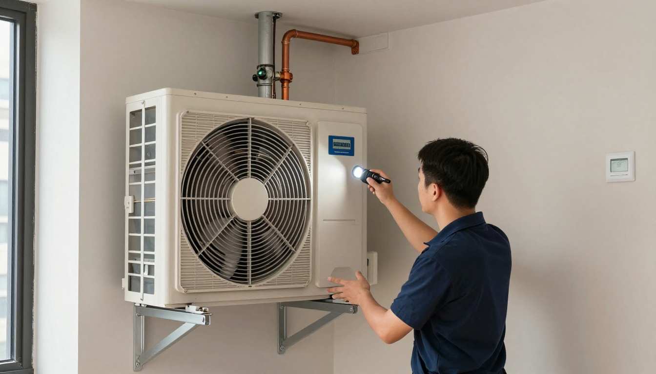 A Hudson HVAC technician inspecting a condo fan coil unit with a flashlight in a Toronto high-rise A Hudson HVAC technician inspecting a condo fan coil unit with a flashlight in a Toronto high-rise