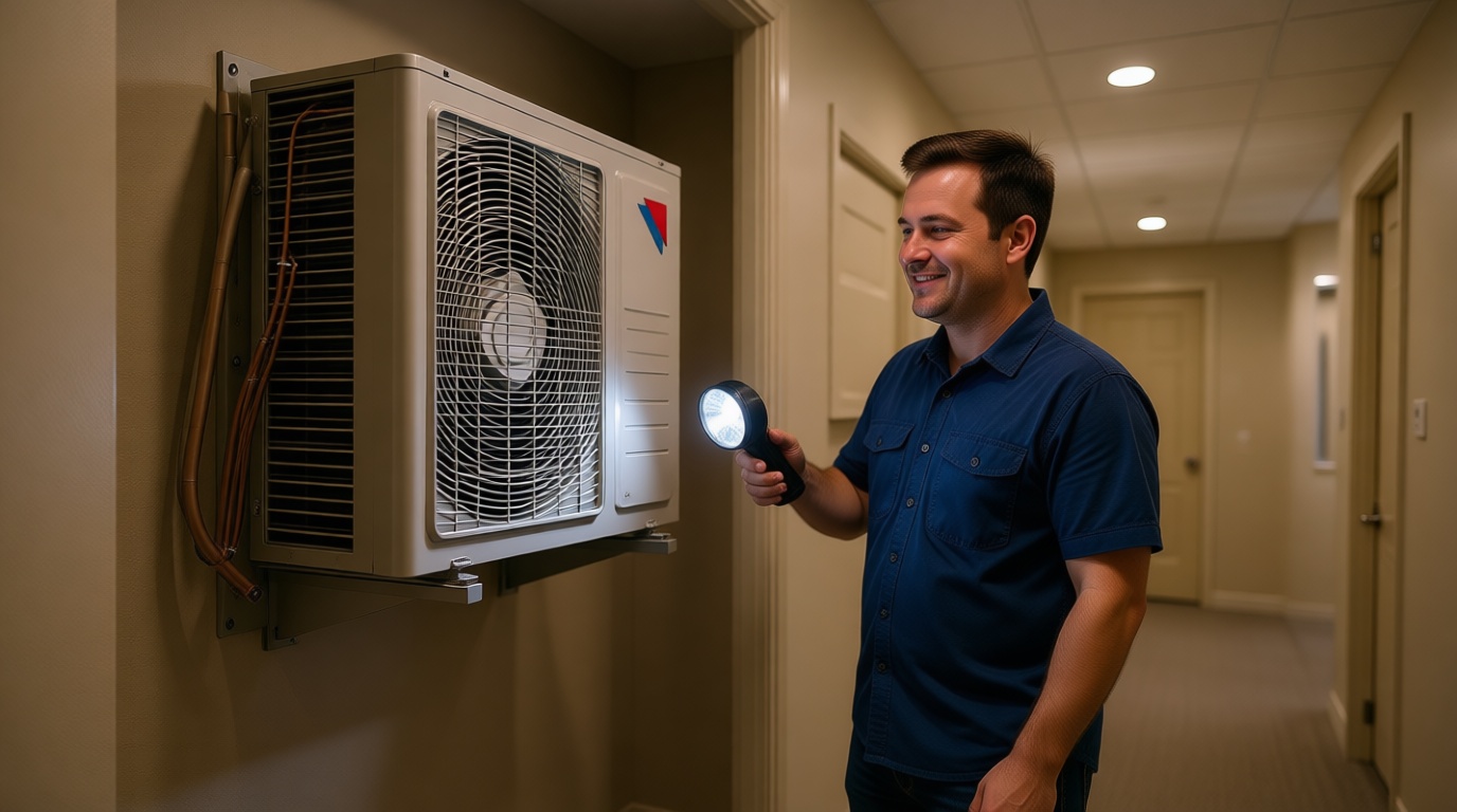 A Hudson HVAC technician inspecting a condo fan coil unit with a flashlight in a Toronto high-rise A Hudson HVAC technician inspecting a condo fan coil unit with a flashlight in a Toronto high-rise