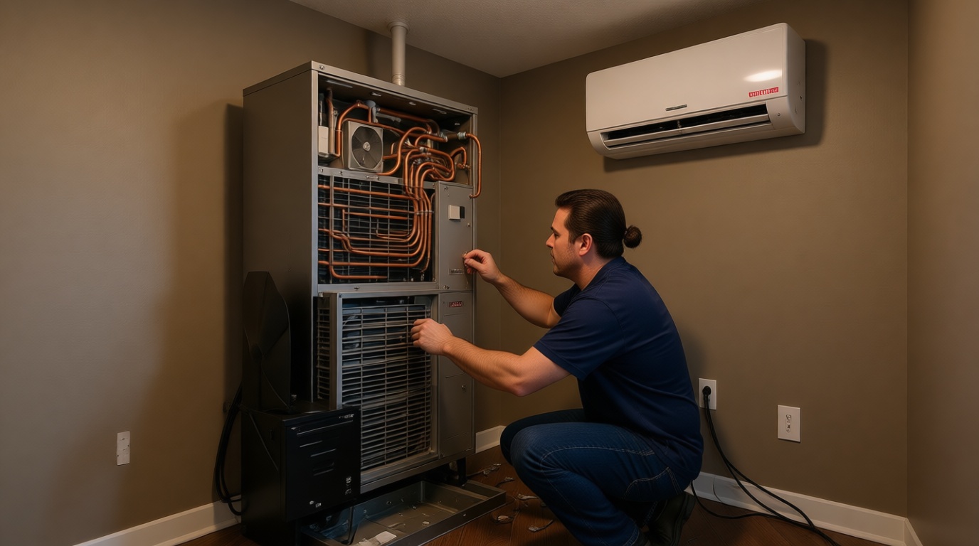 Technician fixing an HVAC system inside a Markham condo