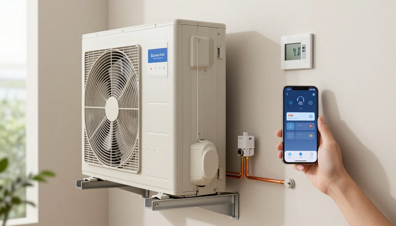 Close-up of a smart water sensor placed on the floor beside a fan coil unit, showing connectivity indicators and alert notifications on a smartphone app
