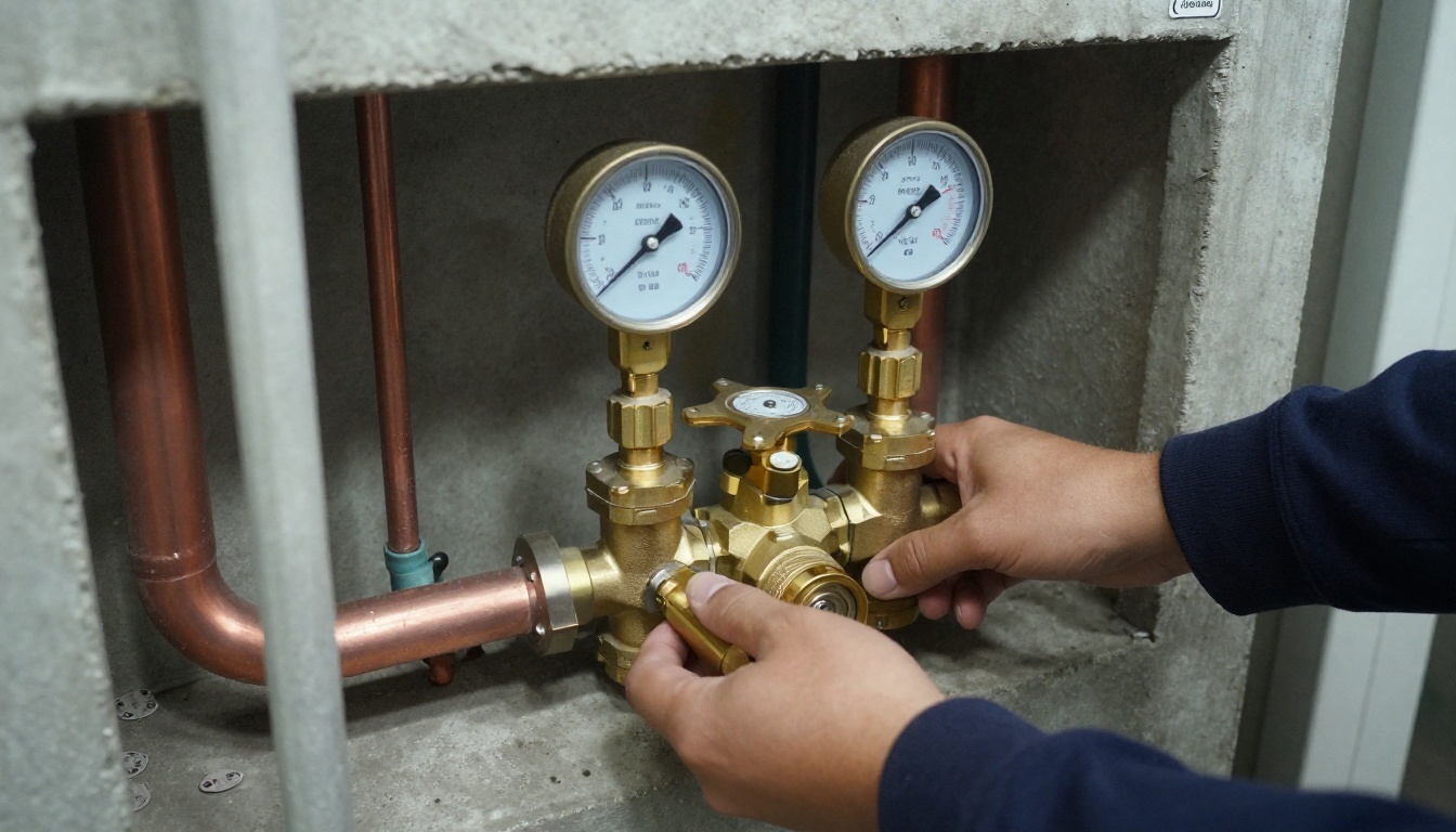 Brass pressure reducing valve assembly on a copper domestic water main in a condominium mechanical room, with gauges, isolation valves and insulated piping nearby