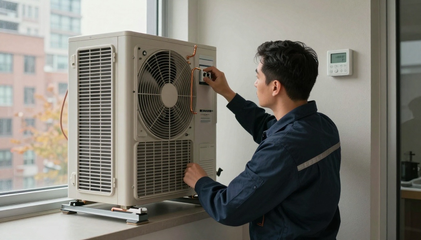 A Hudson HVAC technician in a dark navy uniform checking a condo thermostat and replacing a pleated filter in a modern Toronto high-rise suite during fall, with city buildings visible through the window A Hudson HVAC technician in a dark navy uniform checking a condo thermostat and replacing a pleated filter in a modern Toronto high-rise suite during fall, with city buildings visible through the window