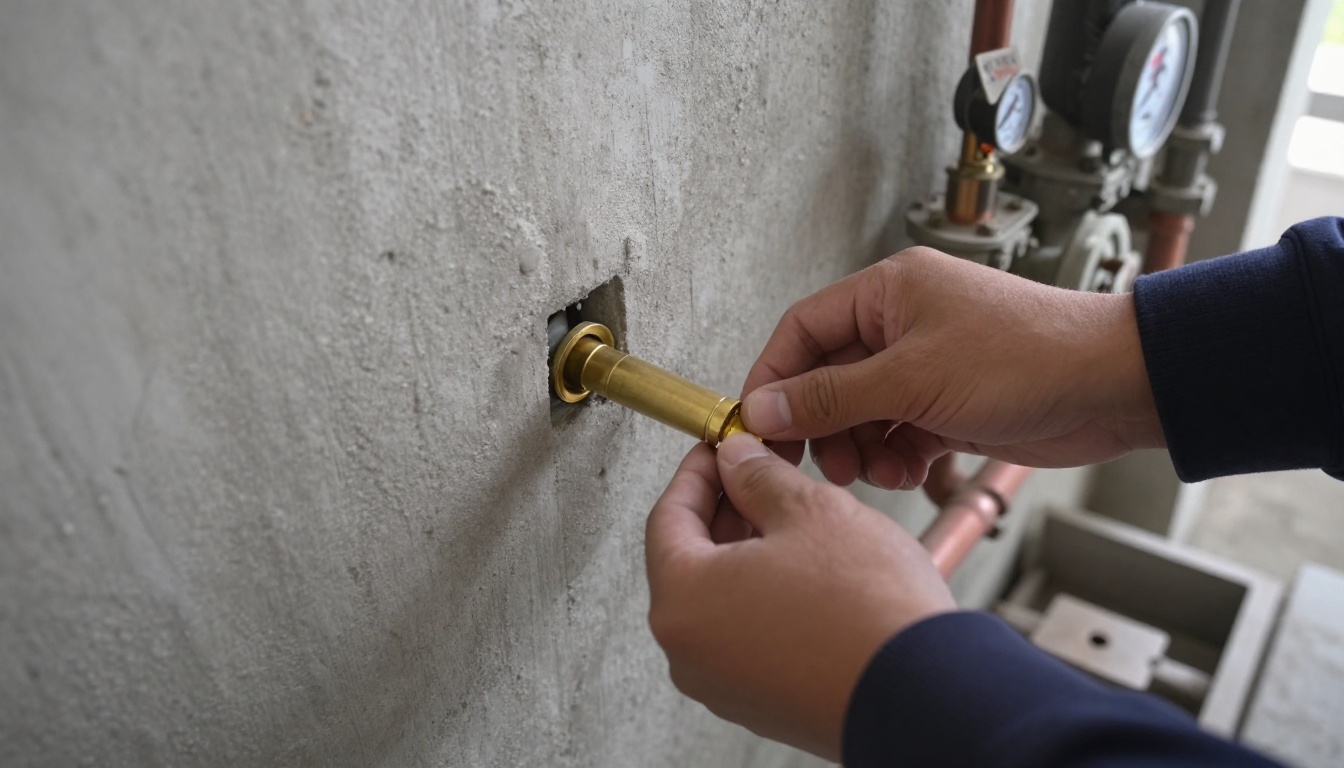 A brass trap primer assembly and small primer tubing near a mechanical room wall, with adjacent copper piping and a tagged floor drain line in a condominium service area