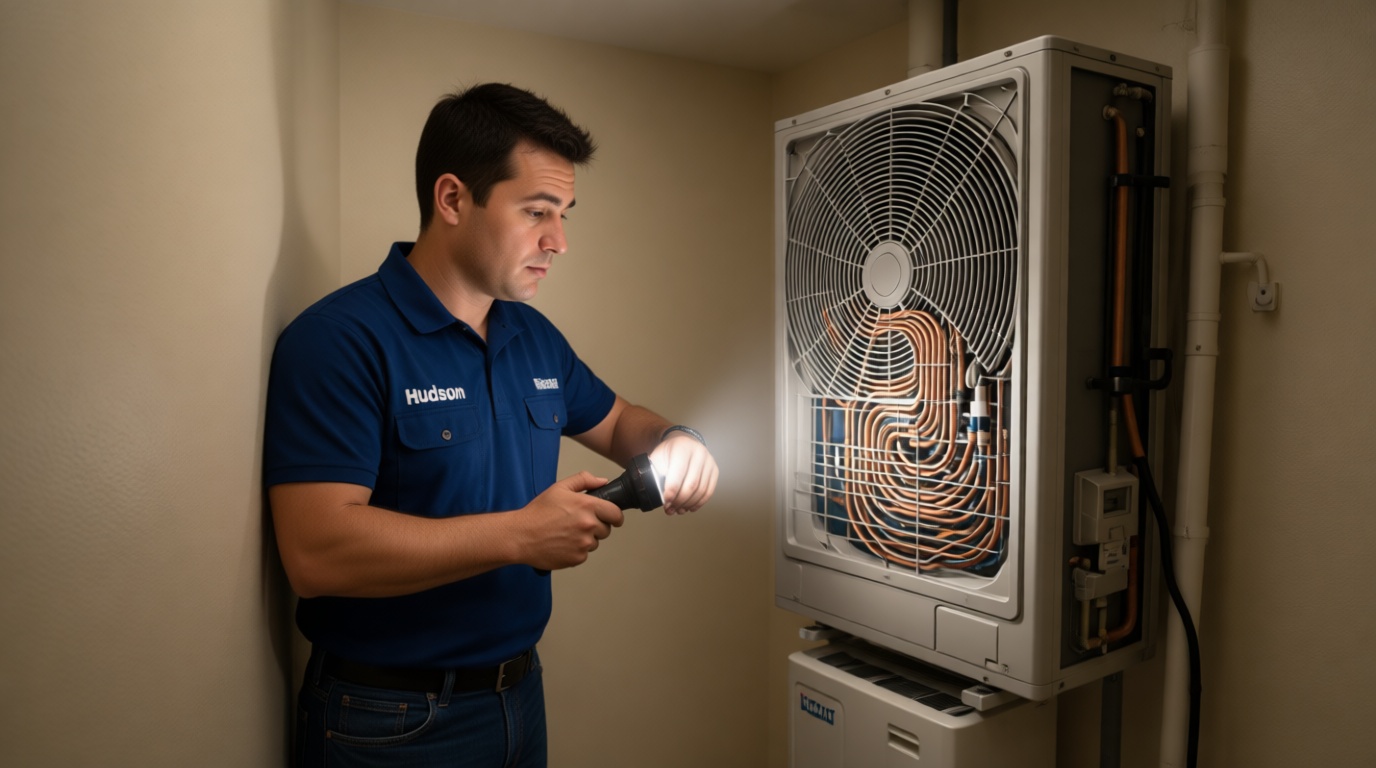 A Hudson HVAC technician inspecting a condo fan coil unit with a flashlight in a Toronto high-rise