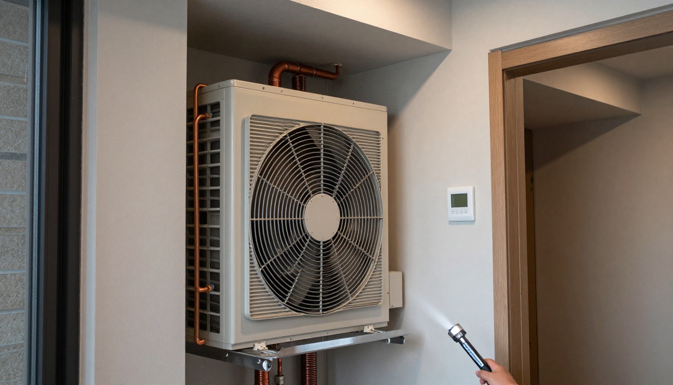 A Hudson HVAC technician inspecting a condo fan coil unit with a flashlight in a Toronto high-rise A Hudson HVAC technician inspecting a condo fan coil unit with a flashlight in a Toronto high-rise