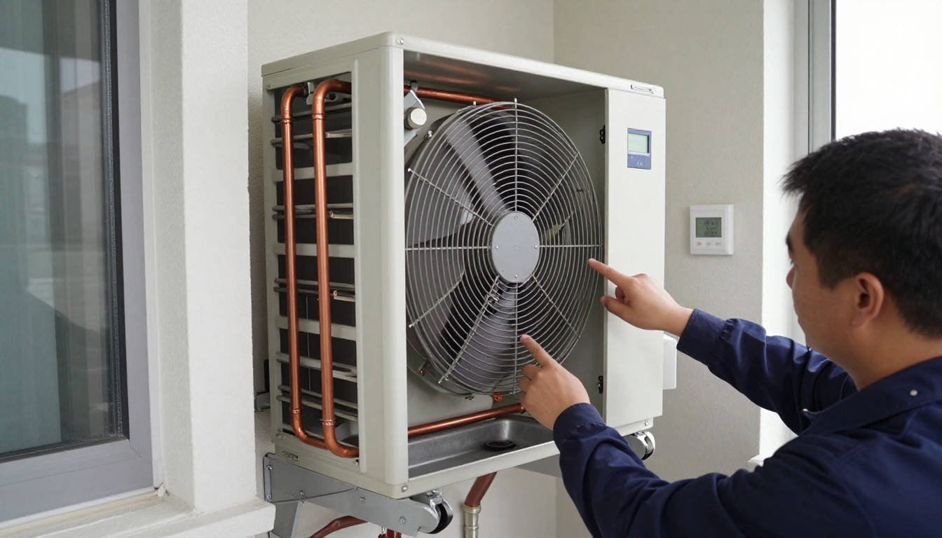 A Hudson HVAC technician inspecting an ERV unit inside a Toronto condo utility closet A Hudson HVAC technician inspecting an ERV unit inside a Toronto condo utility closet