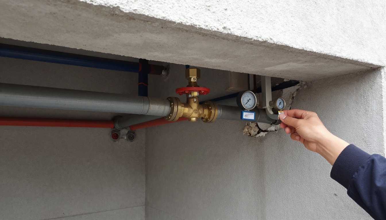 Exposed insulated domestic water piping in a condominium parking garage ceiling with a brass isolation valve and sections of missing insulation near an exterior wall
