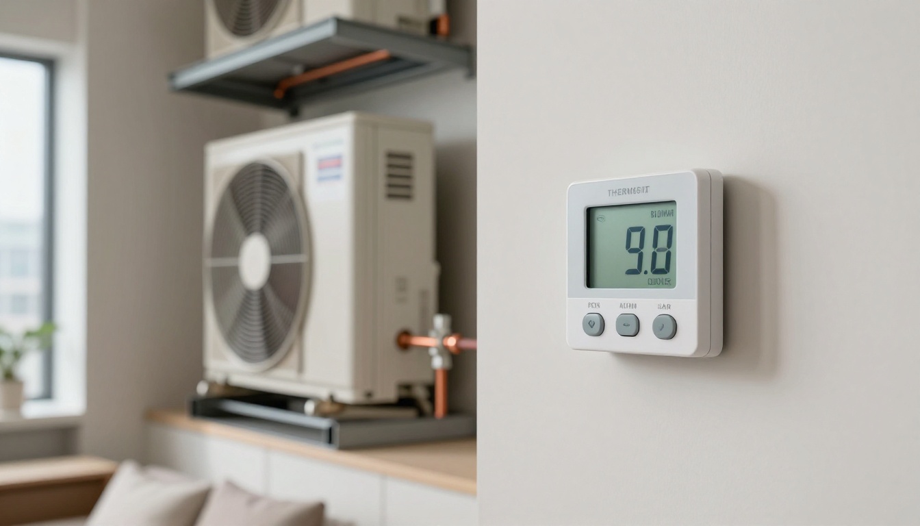 Close-up of a condo thermostat and a digital thermometer showing different readings in a bright top-floor Toronto suite, with a fan coil closet slightly open in the background