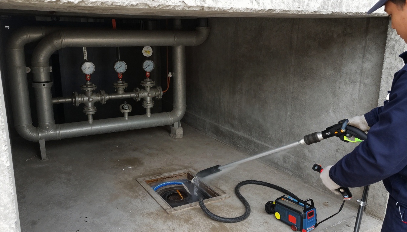 Mechanical room or parking garage ceiling piping in a condominium showing a contractor&rsquo;s jetting hose and drain cleaning equipment set up beside accessible stack cleanouts, with protected floor surfaces and no people visible except gloved hands