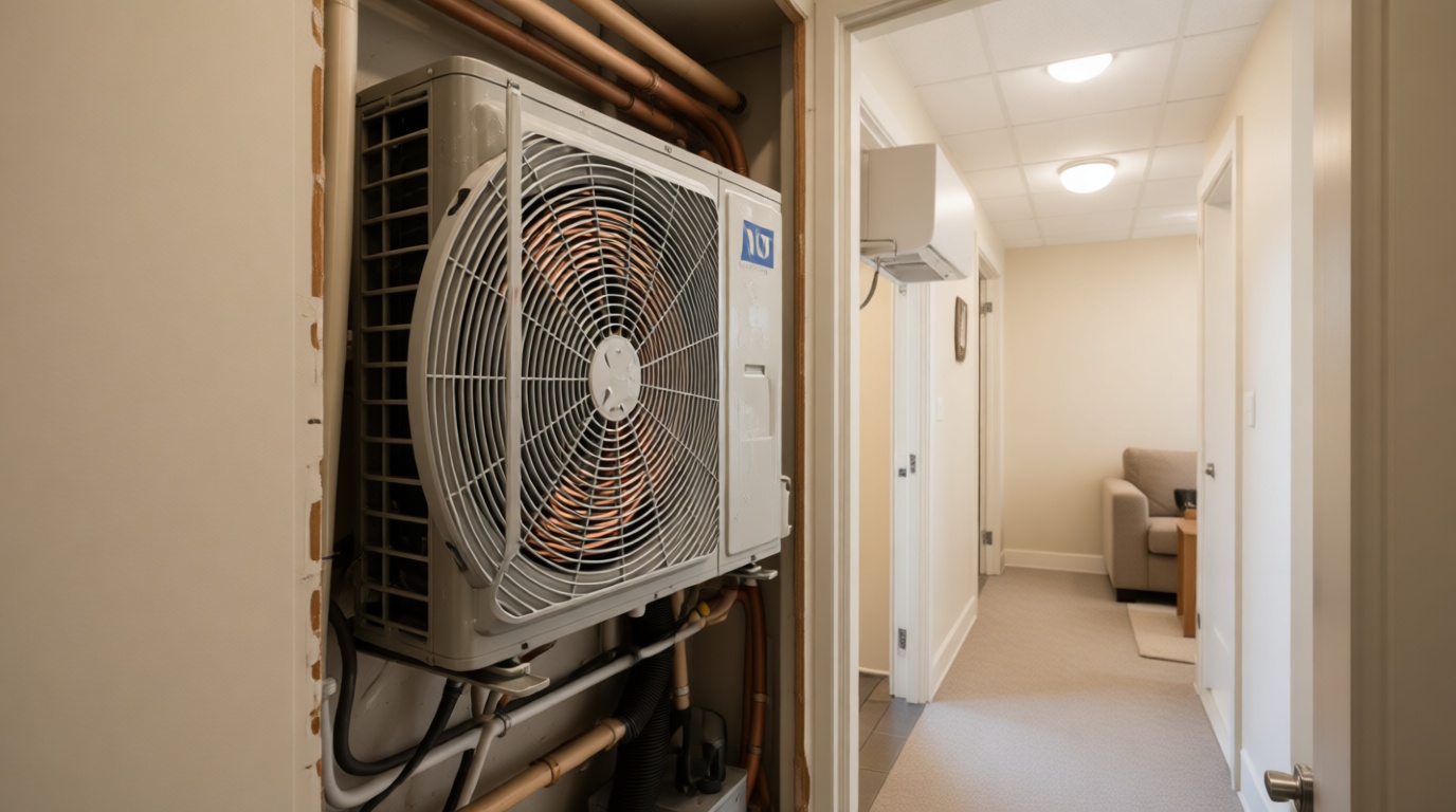 Close-up of a frozen condensate line on a fan coil unit during a Toronto winter Close-up of a frozen condensate line on a fan coil unit during a Toronto winter