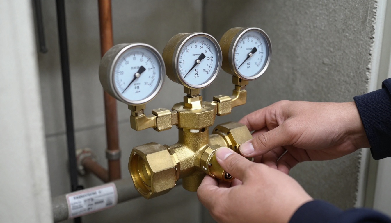 Close-up of a large brass pressure reducing valve assembly with pressure gauges on copper domestic water piping in a condominium mechanical room