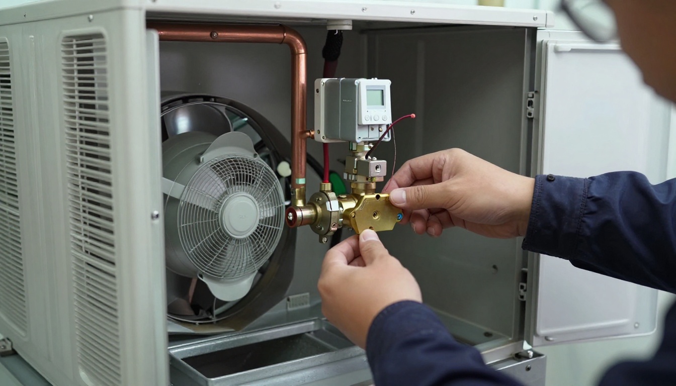 Technician wearing dark navy gloves servicing a pressure independent control valve inside a condo fan coil cabinet, with hands removing or testing the actuator on the brass valve body Technician wearing dark navy gloves servicing a pressure independent control valve inside a condo fan coil cabinet, with hands removing or testing the actuator on the brass valve body