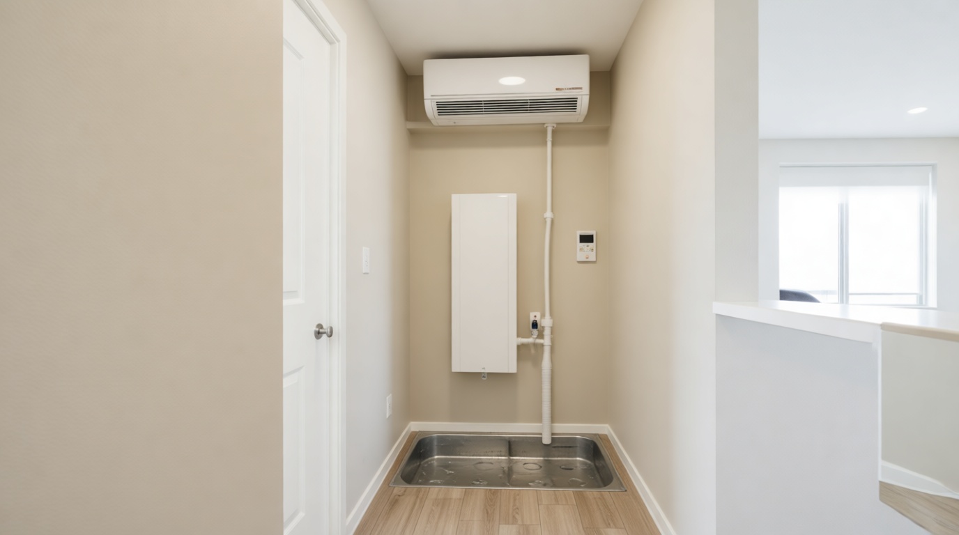 Close-up of a leaking heat pump drain pan with visible water collection in a Toronto condo
