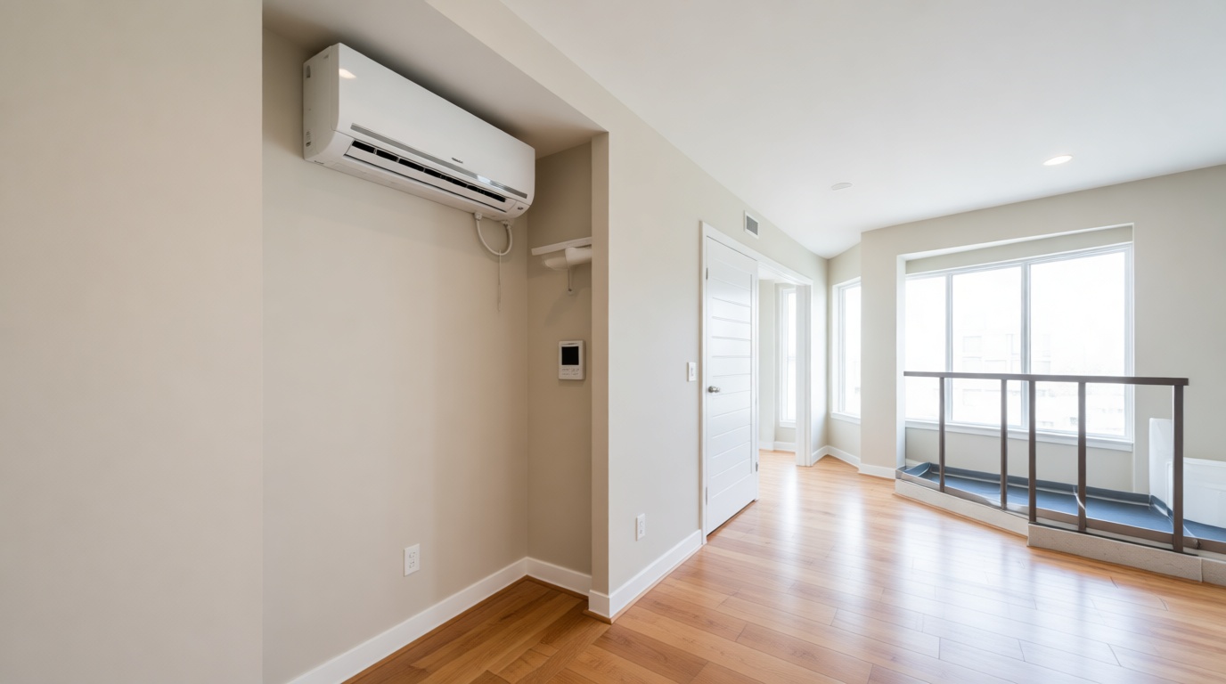 Close-up of a modern Mitsubishi heat pump indoor unit installed in a North York condo unit with hardwood floors and large windows