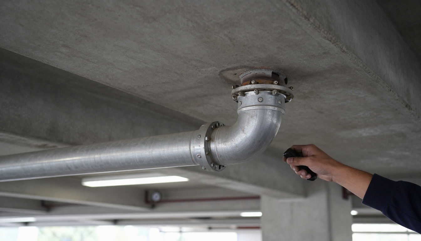 A suspended storm drain line under a condominium parking garage ceiling with a corroded no-hub coupling and hangers, photographed in clean practical lighting with the pipe as the main subject