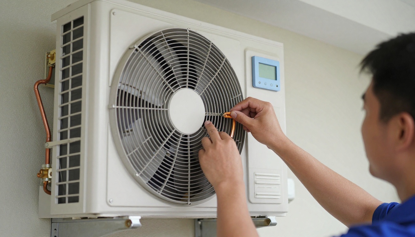 Close-up of a technician's hands working on a condo fan coil unit during a spring maintenance check Close-up of a technician’s hands working on a condo fan coil unit during a spring maintenance check
