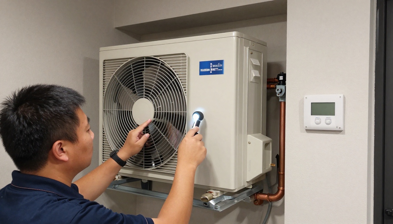 A Hudson HVAC technician inspecting a condo fan coil unit with a flashlight in a Toronto high-rise