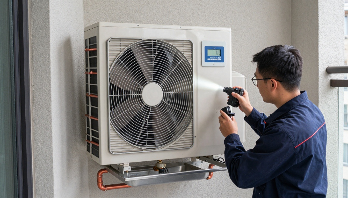 A Hudson HVAC technician inspecting a condo fan coil unit with a flashlight in a Toronto high-rise A Hudson HVAC technician inspecting a condo fan coil unit with a flashlight in a Toronto high-rise