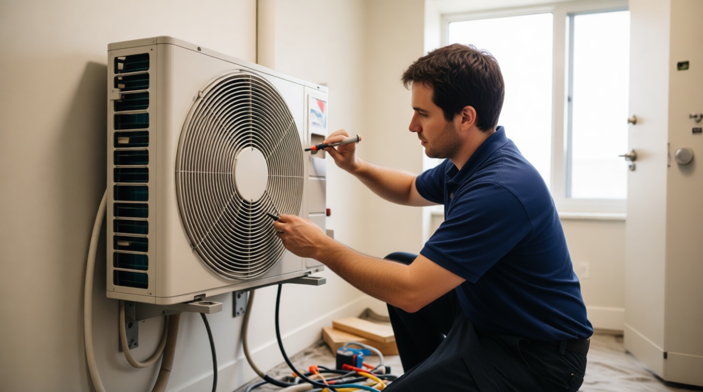 Technician repairing a fan coil unit inside a North York condo, focusing on equipment details. Technician repairing a fan coil unit inside a North York condo, focusing on equipment details.