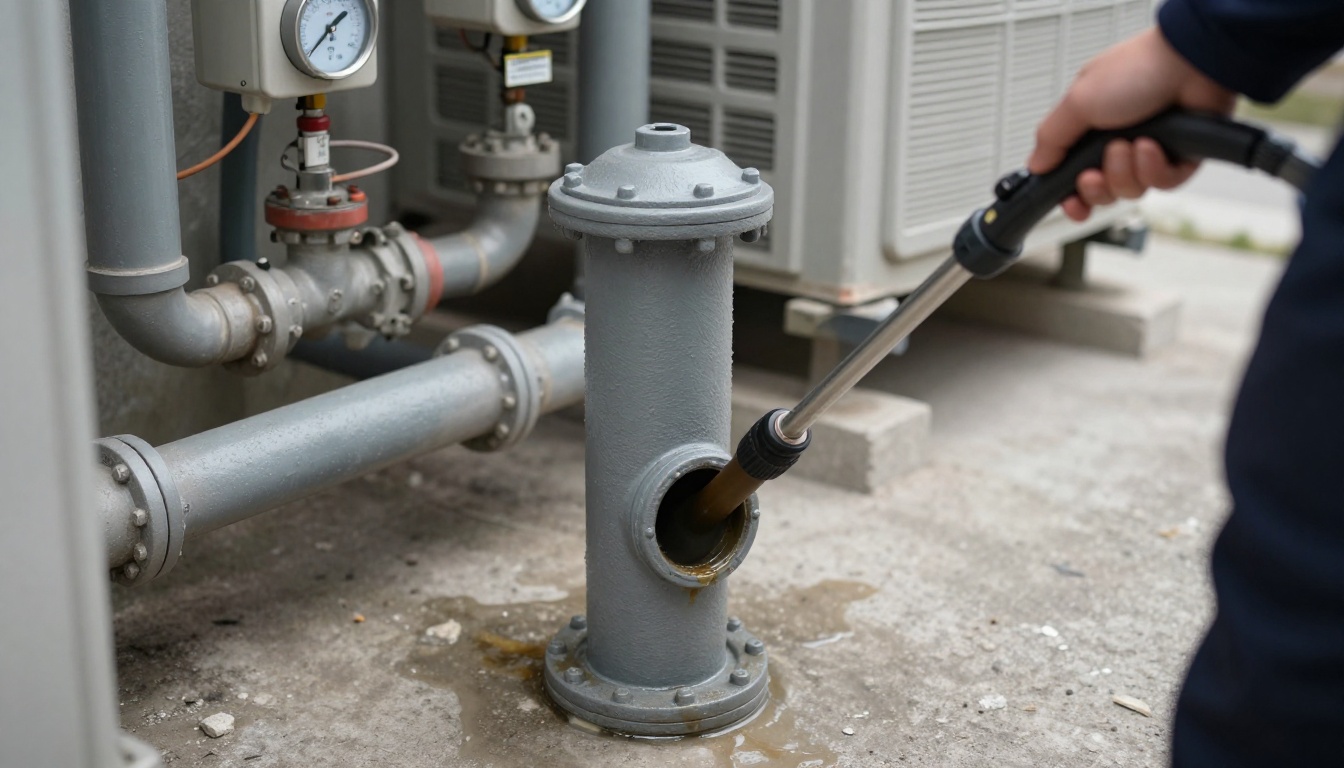 A close-up of a dull grey cast iron sanitary cleanout in a condominium retail service corridor with a high-pressure jetting hose feeding into the line, grease residue around the cleanout cap, and surrounding exposed building piping
