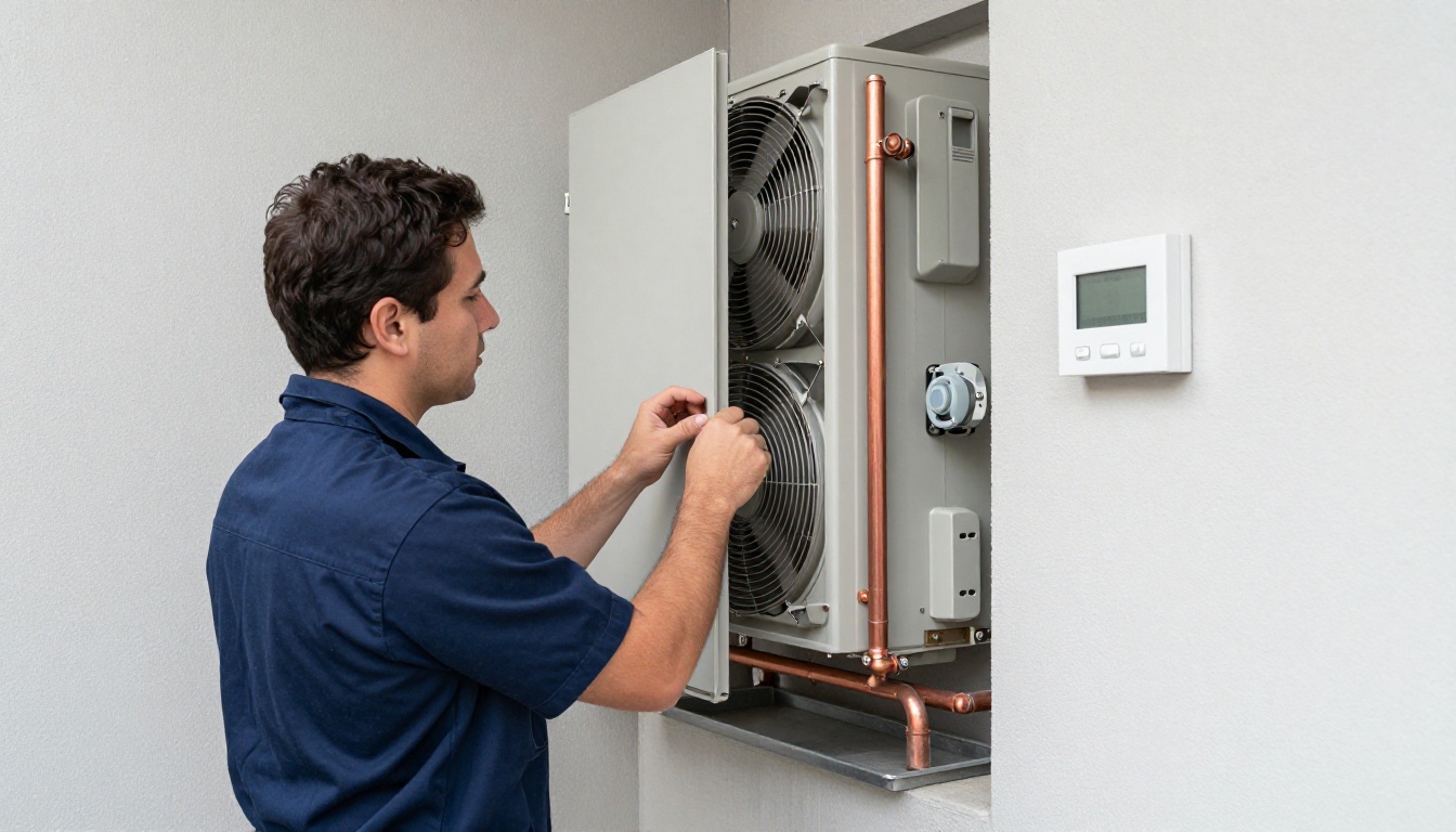 A Hudson HVAC technician inspecting a condo heat pump in a Toronto high-rise