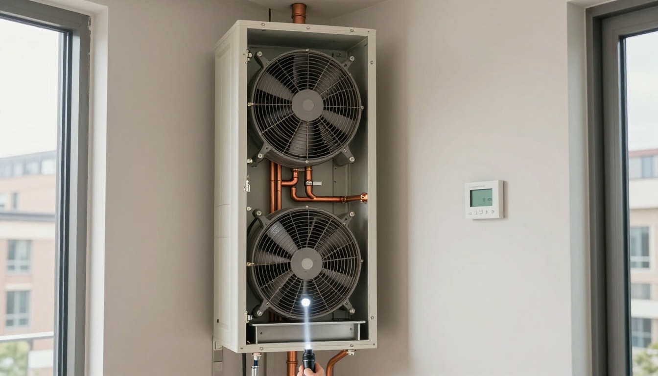 A Hudson HVAC technician inspecting a tall vertical condo fan coil cabinet in a modern Toronto suite closet, flashlight aimed at the drain pan and copper piping, fall daylight through condo windows