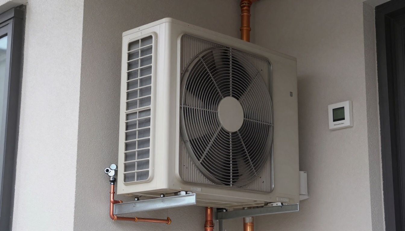 Close-up of a frozen condensate line on a fan coil unit during a Toronto winter