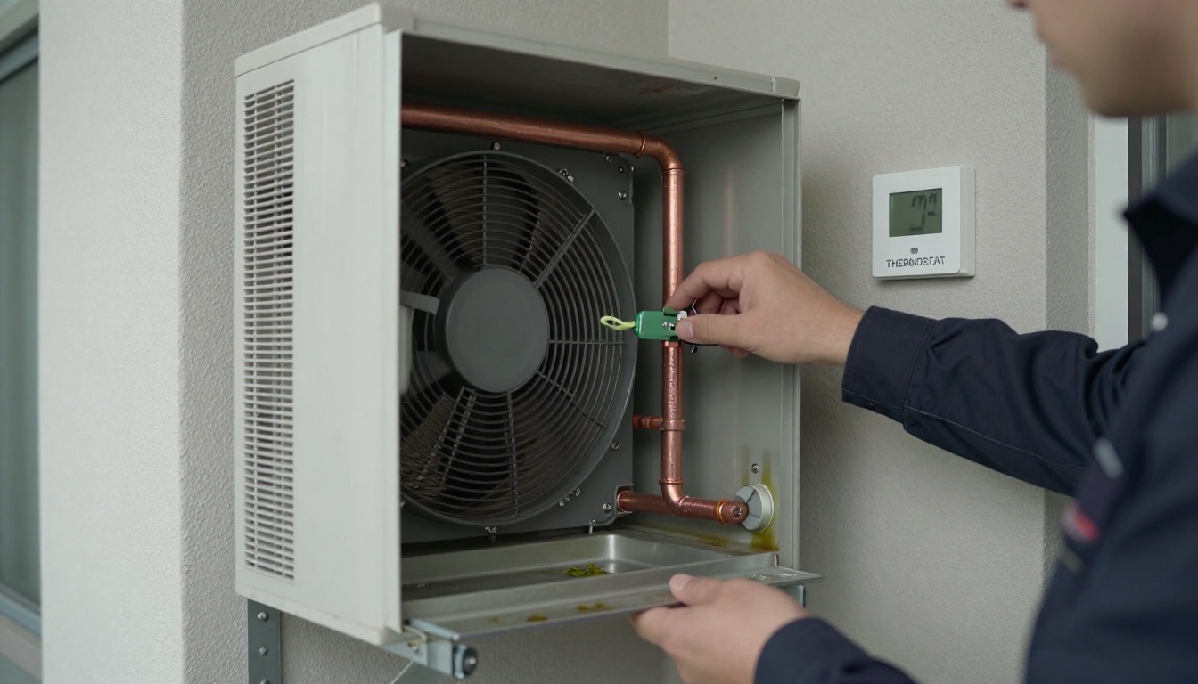 Close-up of a condo HVAC drain pan and copper piping with light surface moisture, while a technician in a navy uniform checks for biofilm and blockage in a clean modern high-rise suite closet during fall