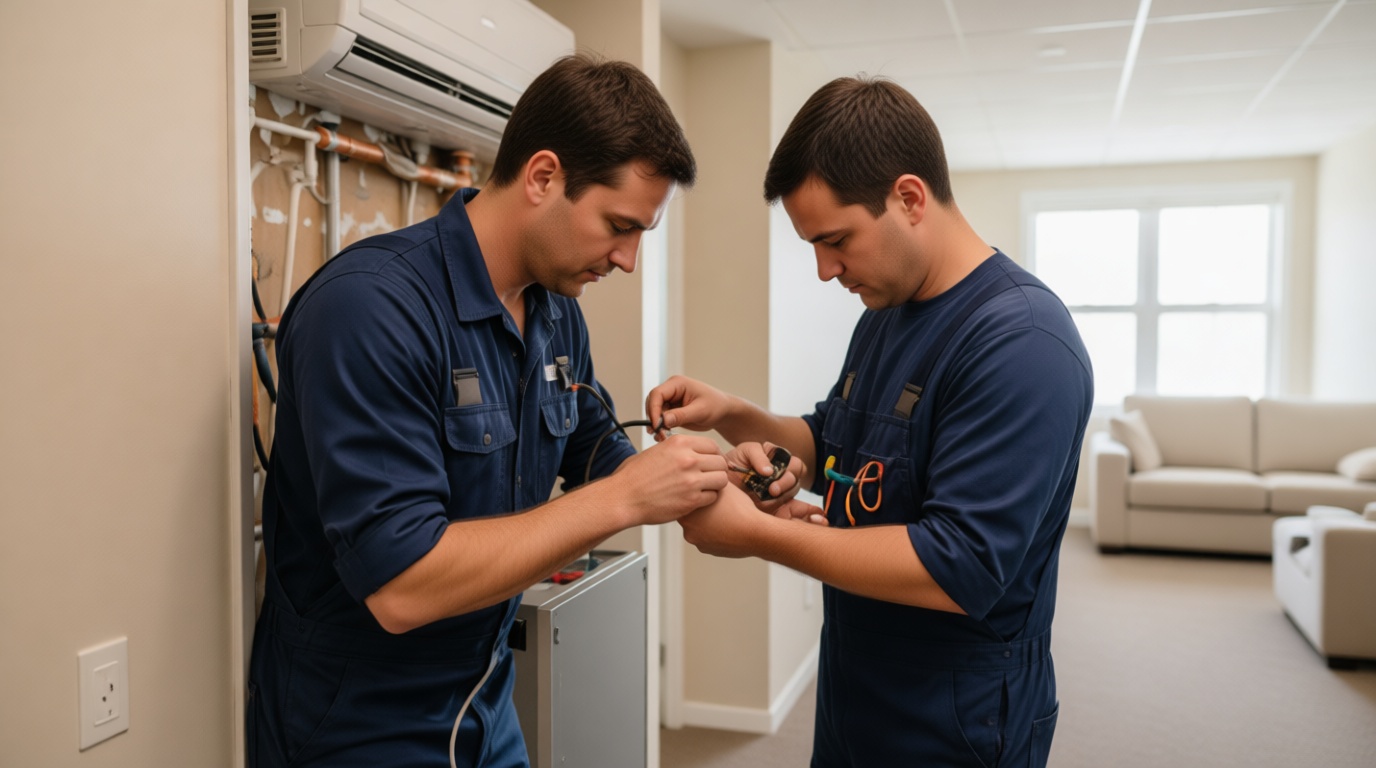 Close-up of a technician's hands checking a heat pump's fan motor in a Toronto condo Close-up of a technician’s hands checking a heat pump’s fan motor in a Toronto condo