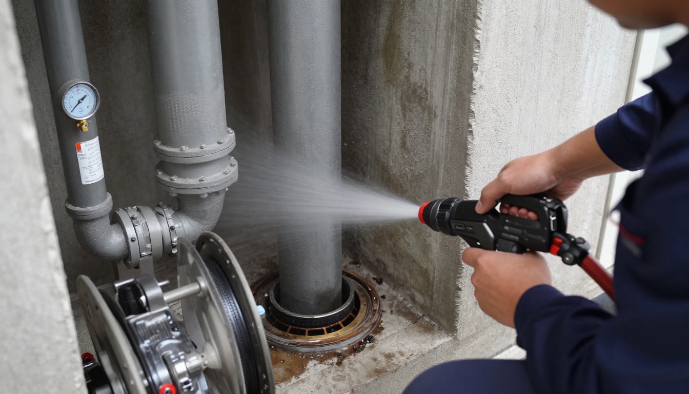A plumber&rsquo;s gloved hands feeding a high-pressure jetting hose into a 4-inch cast iron kitchen stack cleanout in a condominium service corridor, with dull grey pipe, hose reel and wet vac nearby