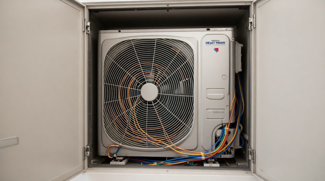 Close-up of the heat pump unit installed inside a condo HVAC cabinet Close-up of the heat pump unit installed inside a condo HVAC cabinet