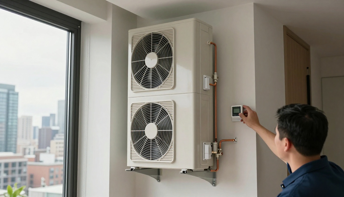 A Hudson HVAC technician installing an occupancy sensor in a Toronto condo living room, with modern furnishings and a view of the city skyline through the window.