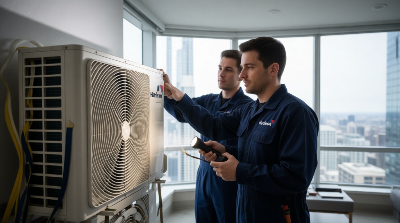 A Hudson HVAC technician inspecting a condo fan coil unit with a flashlight in a Toronto high-rise
