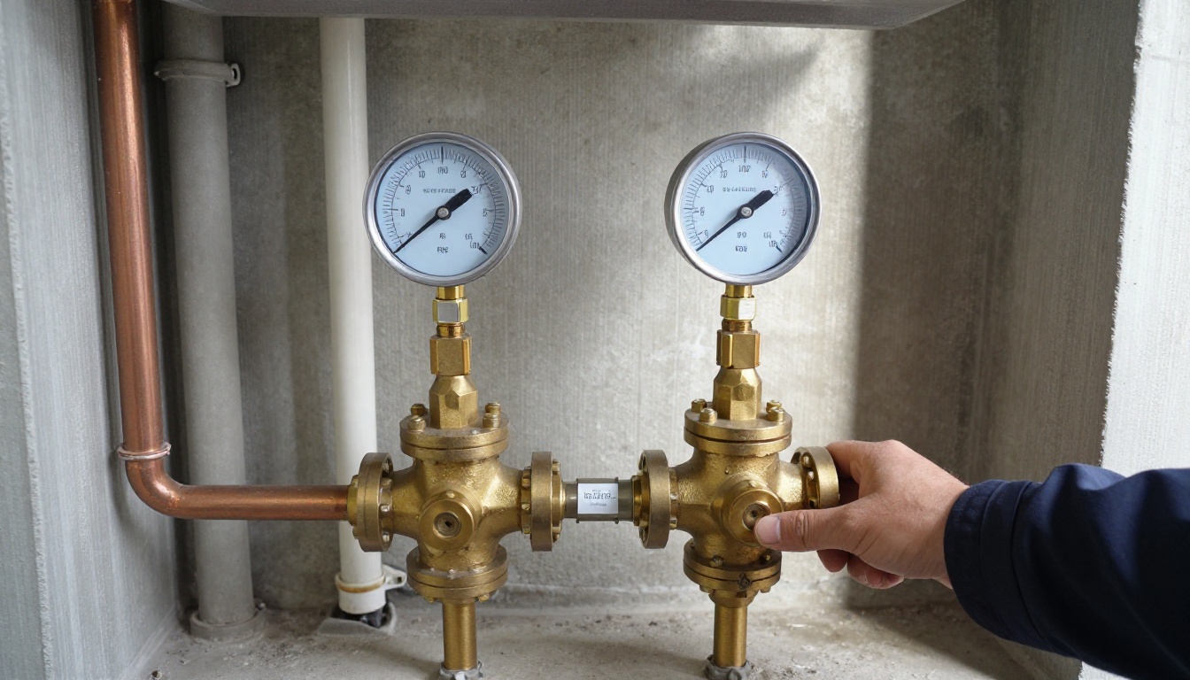 Close-up of a brass duplex pressure reducing valve station on a 3-inch copper domestic water line in a condominium mechanical room, with pressure gauges, isolation valves and tagged branches