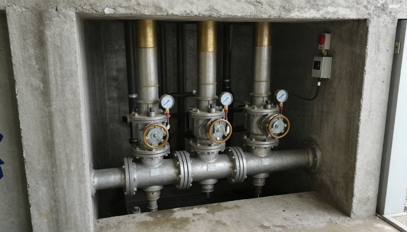 Brass and cast iron pump discharge assembly above a condominium pit with check valves, isolation valves and alarm controls in a basement mechanical room