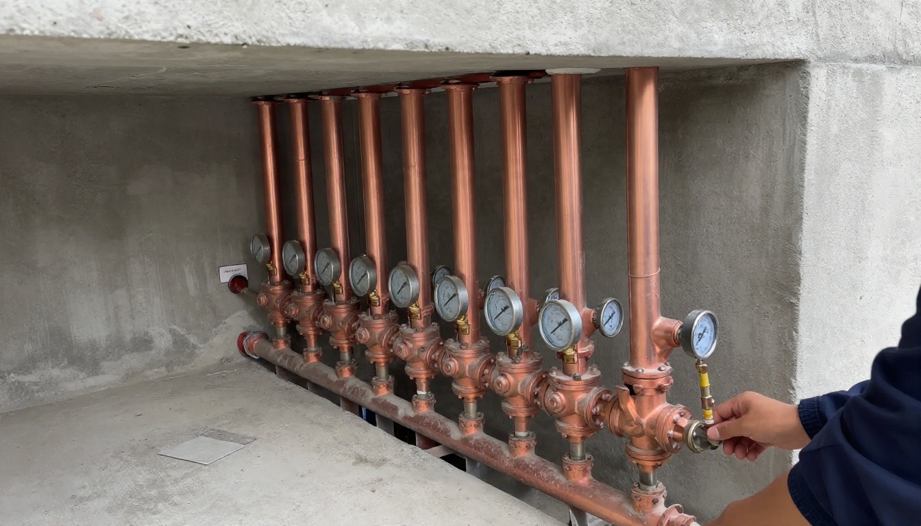 A high-rise condominium mechanical room with new vertical copper domestic water risers, isolation valves, pressure gauges and labelled sections, showing a clean staged replacement project in progress without visible people