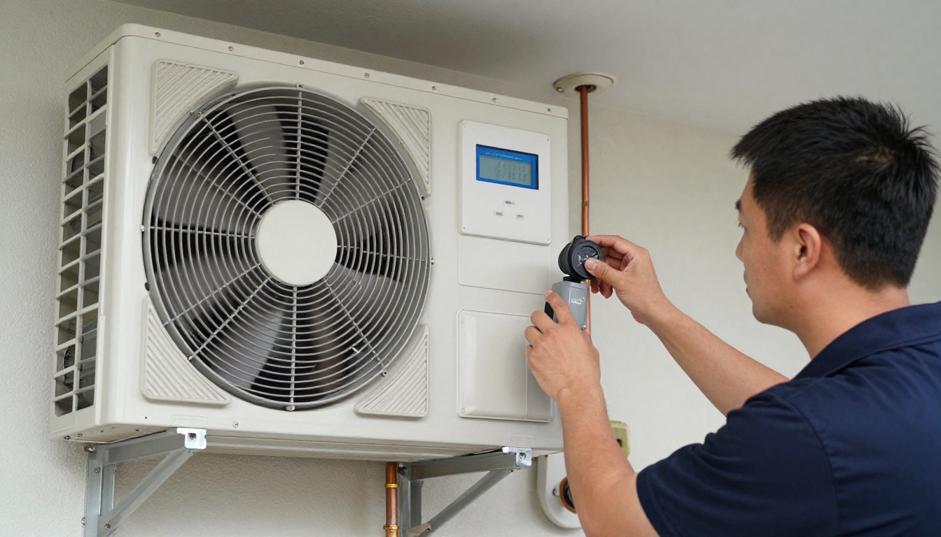 Technician inspecting a fan coil unit inside a Mississauga condo mechanical closet during a fall emergency service call Technician inspecting a fan coil unit inside a Mississauga condo mechanical closet during a fall emergency service call