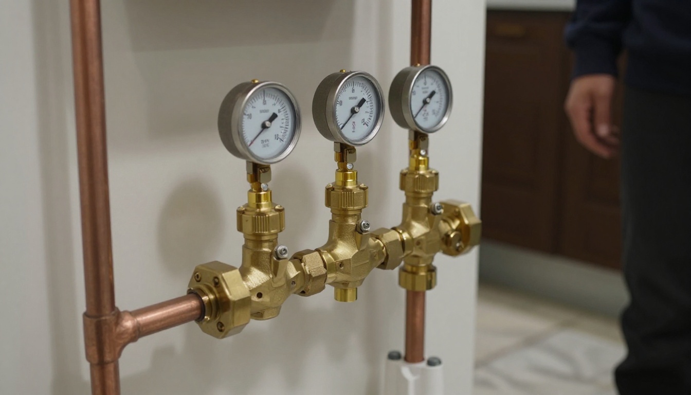 Brass pressure reducing valve assembly on a copper domestic water main in a condominium mechanical room, with isolation valves and gauges visible, clean and well lit