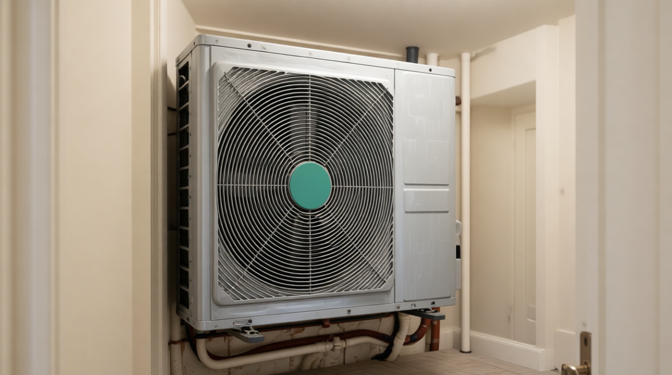 Close-up of a frozen condensate line on a fan coil unit during a Toronto winter Close-up of a frozen condensate line on a fan coil unit during a Toronto winter
