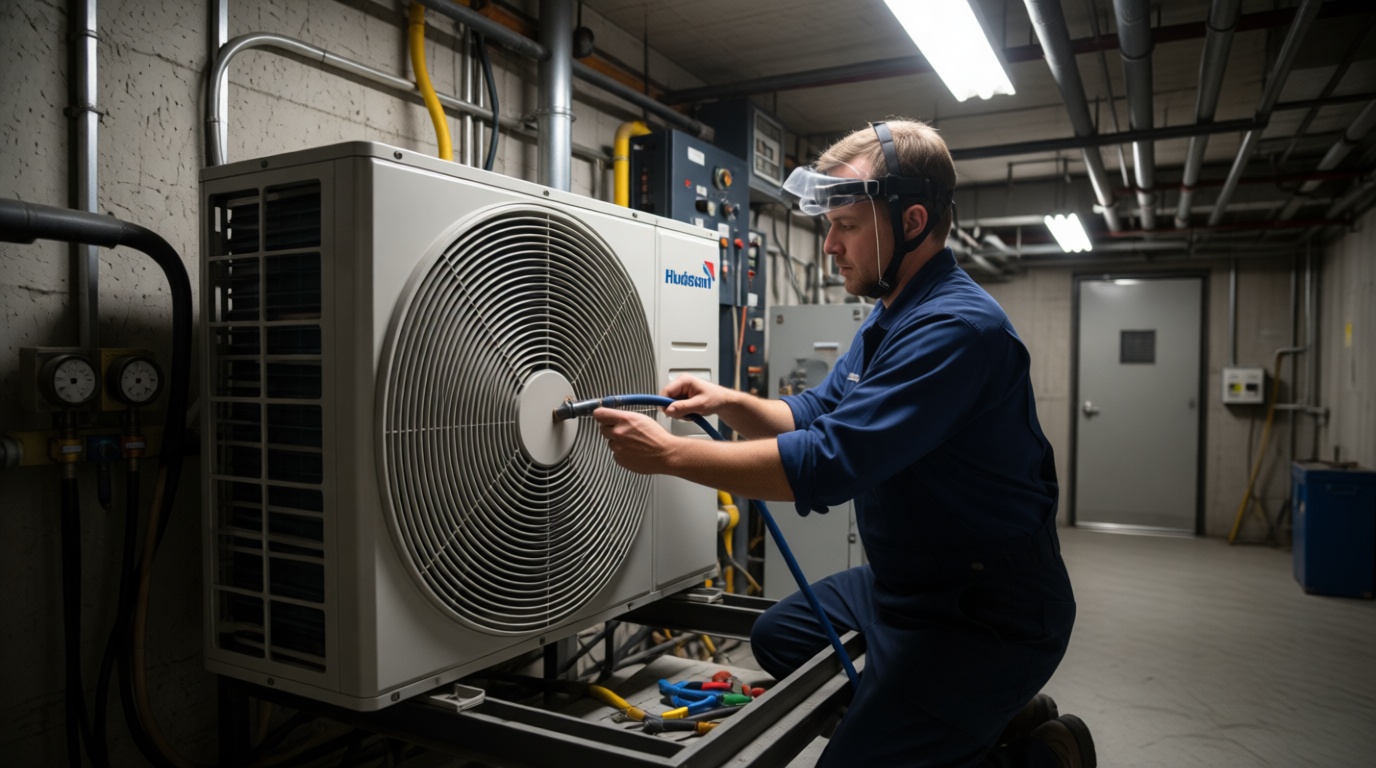Close-up of a heat pump unit being serviced in an Etobicoke condo