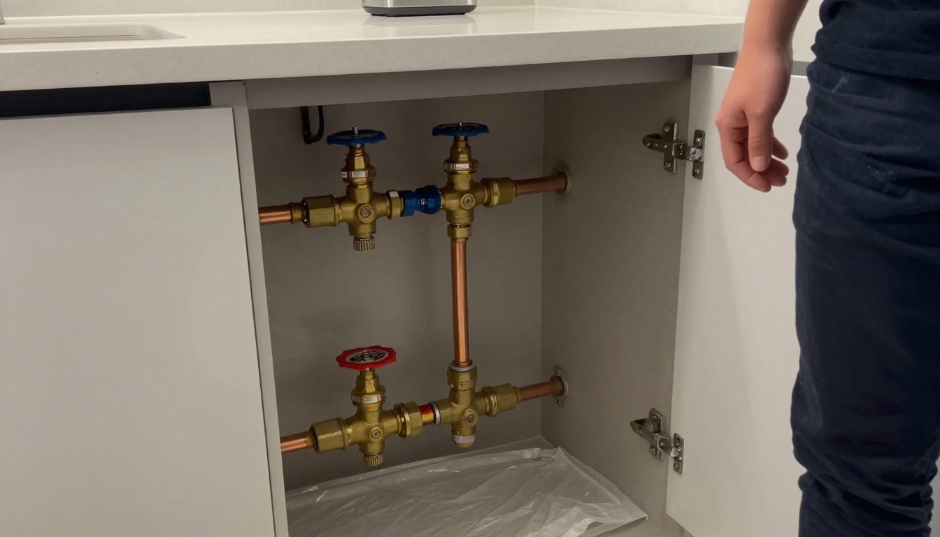 Mechanical room domestic water piping with brass pressure reducing valves, isolation valves and copper mains serving a condominium building Mechanical room domestic water piping with brass pressure reducing valves, isolation valves and copper mains serving a condominium building