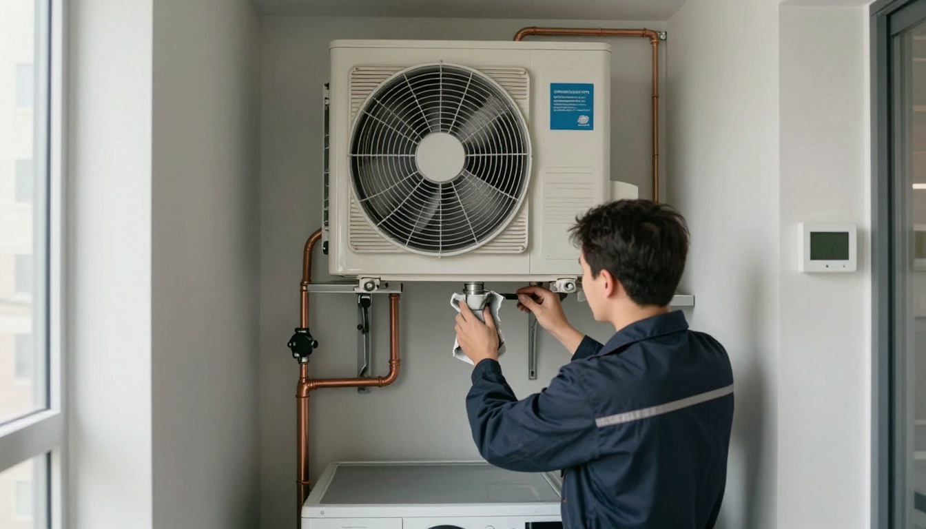 A close-up inside a modern condo laundry closet showing a technician in dark navy coveralls cleaning a dryer vent connection and checking nearby HVAC airflow in a bright Toronto condo interior A close-up inside a modern condo laundry closet showing a technician in dark navy coveralls cleaning a dryer vent connection and checking nearby HVAC airflow in a bright Toronto condo interior