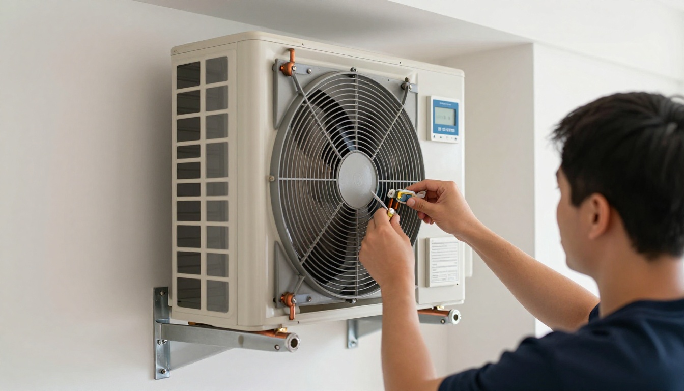 Close-up of an HVAC technician repairing a 3-way valve inside a modern Markham high-rise condo unit.