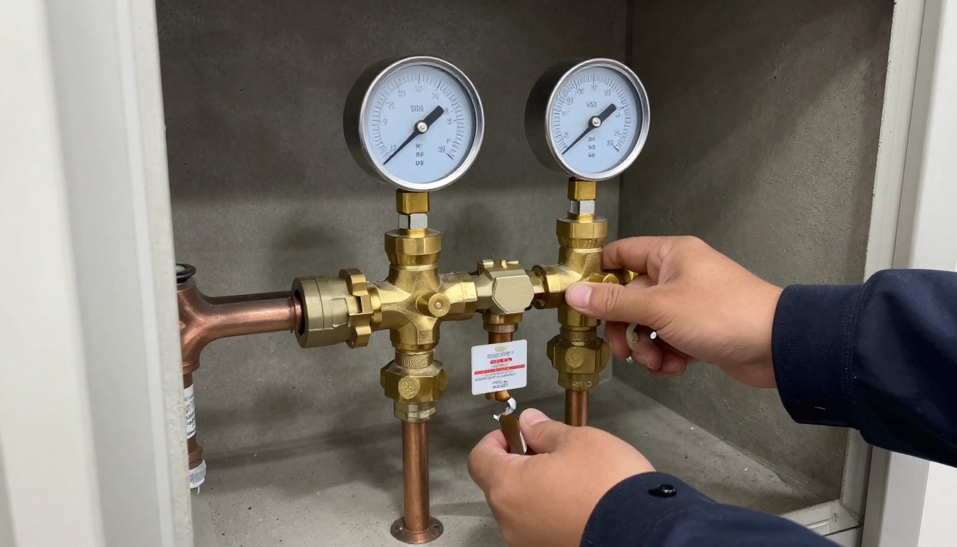 Brass pressure reducing valve assembly on copper domestic water mains in a condominium mechanical room with pressure gauges and isolation valves